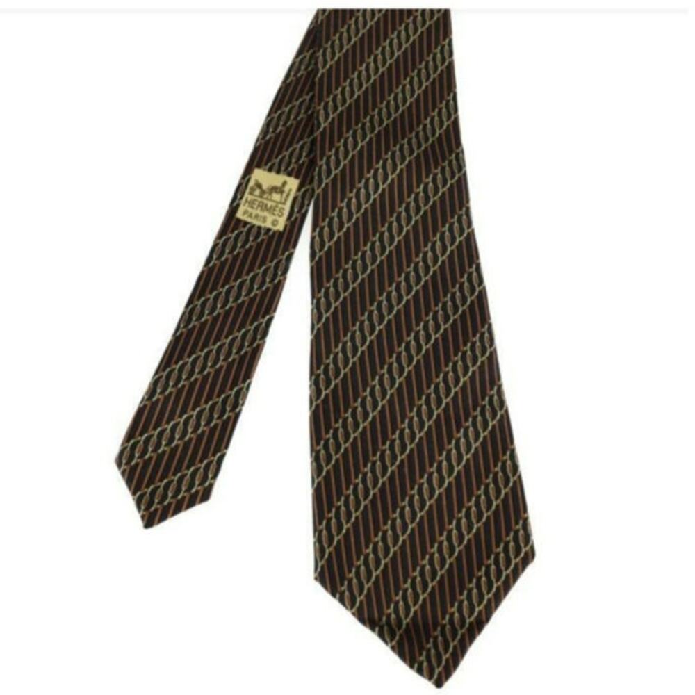 Mens Hermes designer silk tie gold burgandy brown colorway graphic design - Picture 2 of 10